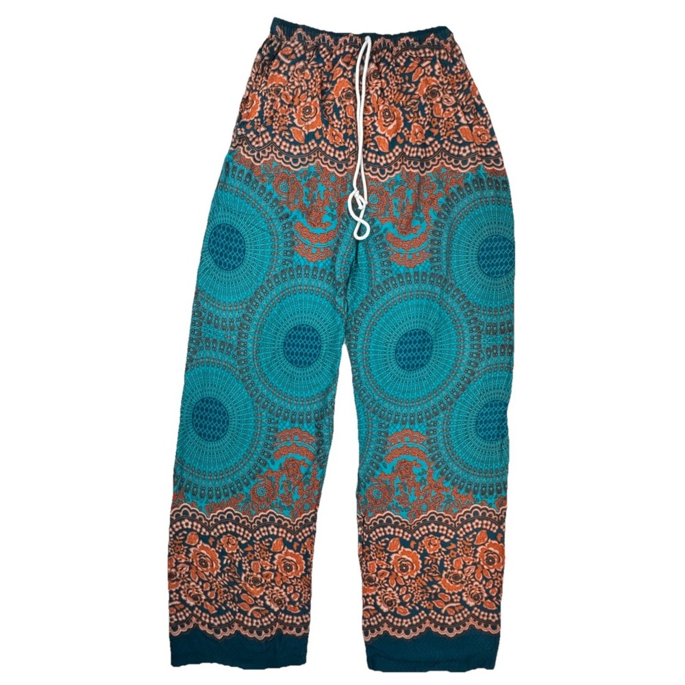 Rayon Boho Mandala Print Drawstring Wide Leg Pants Large Teal Orange